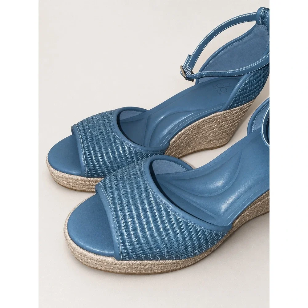 COSY ISLAND Blue‎ Raffia Wedge Sandals Round Toe Espadrille Platform Ankle Strap